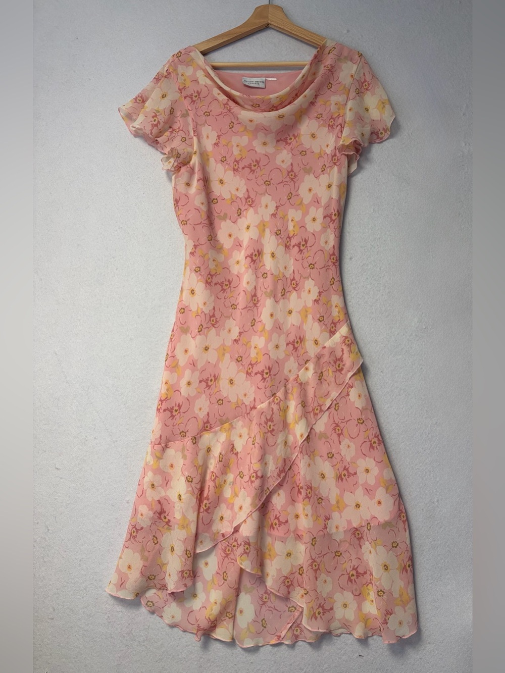 Jaclyn Smith Classic Vintage Y2K Pink Floral Ruffle Midi Dress Romantic Small